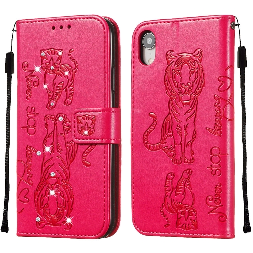 

For iPhone XR Diamond Encrusted Pressed Printing Cat and Tiger Pattern Horizontal Flip PU Leather Case with Holder & Card Slots & Wallet(Rose Red)