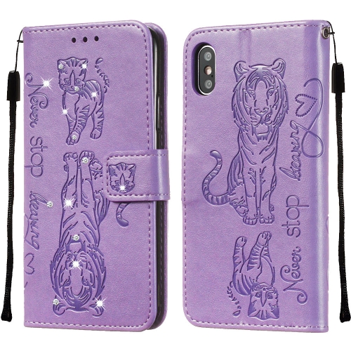 

For iPhone XS Max Diamond Encrusted Pressed Printing Cat and Tiger Pattern Horizontal Flip PU Leather Case with Holder & Card Slots & Wallet(Light Purple)