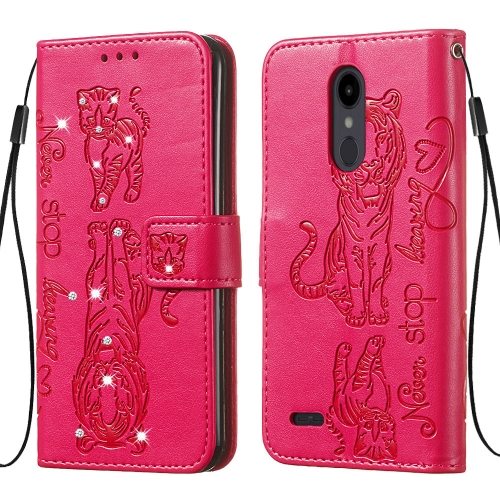 

For LG Aristo 2 / K8 2018 (US Version) / Aristo 2 Plus / LV3 (2018) Diamond Encrusted Pressed Printing Cat and Tiger Pattern Horizontal Flip PU Leather Case with Holder & Card Slots & Wallet(Rose Red)