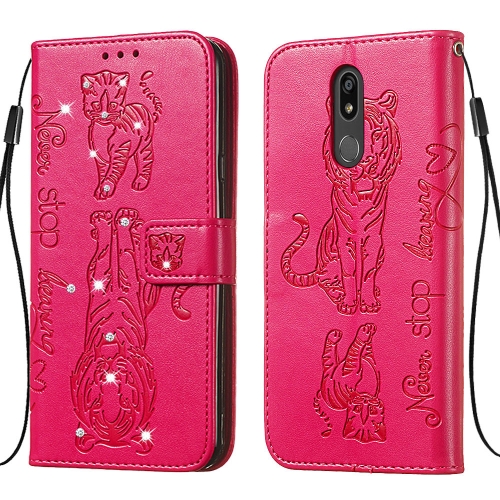 

For LG K40 / K12 Plus Diamond Encrusted Pressed Printing Cat and Tiger Pattern Horizontal Flip PU Leather Case with Holder & Card Slots & Wallet(Rose Red)