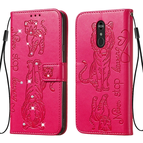 

For LG Q Stylo 4 / Q Stylus Diamond Encrusted Pressed Printing Cat and Tiger Pattern Horizontal Flip PU Leather Case with Holder & Card Slots & Wallet(Rose Red)