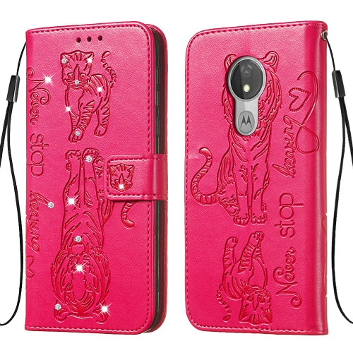 

For Motorola Moto G7 Power (US Version) Diamond Encrusted Pressed Printing Cat and Tiger Pattern Horizontal Flip PU Leather Case with Holder & Card Slots & Wallet(Rose Red)