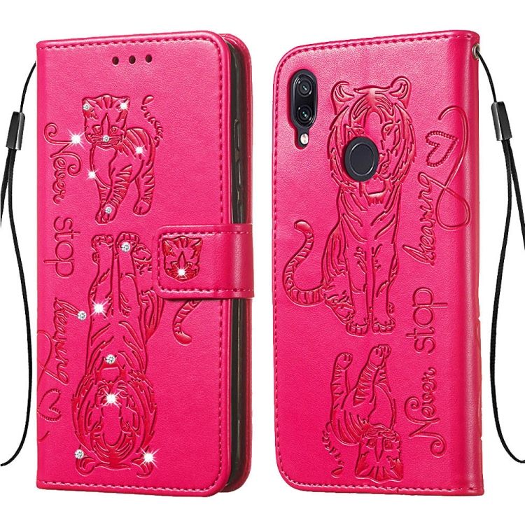 

For Xiaomi Redmi Note 7 Diamond Encrusted Pressed Printing Cat and Tiger Pattern Horizontal Flip PU Leather Case with Holder & Card Slots & Wallet(Rose Red)