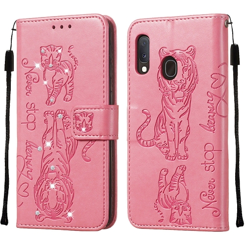 

For Galaxy A20e / A10e Diamond Encrusted Pressed Printing Cat and Tiger Pattern Horizontal Flip PU Leather Case with Holder & Card Slots & Wallet(Pink)