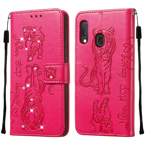 

For Galaxy A20e / A10e Diamond Encrusted Pressed Printing Cat and Tiger Pattern Horizontal Flip PU Leather Case with Holder & Card Slots & Wallet(Rose Red)