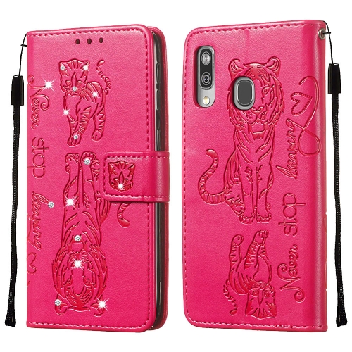 

For Galaxy A40 Diamond Encrusted Pressed Printing Cat and Tiger Pattern Horizontal Flip PU Leather Case with Holder & Card Slots & Wallet(Rose Red)