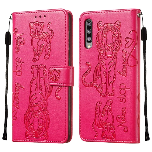 

For Galaxy A50 Diamond Encrusted Pressed Printing Cat and Tiger Pattern Horizontal Flip PU Leather Case with Holder & Card Slots & Wallet(Rose Red)