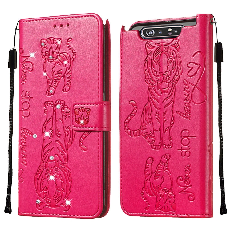 

For Galaxy A80 / A90 Diamond Encrusted Pressed Printing Cat and Tiger Pattern Horizontal Flip PU Leather Case with Holder & Card Slots & Wallet(Rose Red)