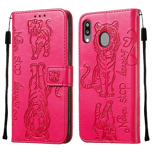 

For Galaxy M20 Diamond Encrusted Pressed Printing Cat and Tiger Pattern Horizontal Flip PU Leather Case with Holder & Card Slots & Wallet(Rose Red)