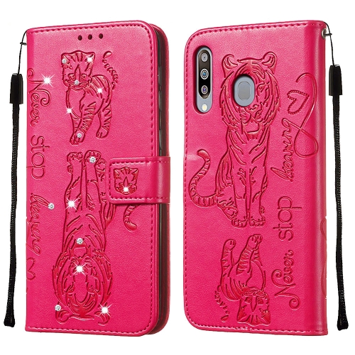 

For Galaxy M30 / A40s Diamond Encrusted Pressed Printing Cat and Tiger Pattern Horizontal Flip PU Leather Case with Holder & Card Slots & Wallet(Rose Red)