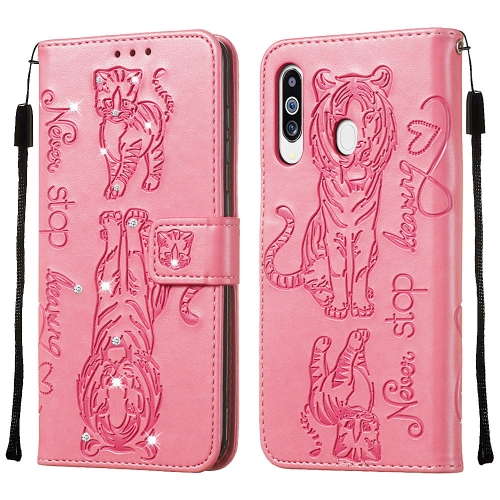 

For Galaxy M40 / A60 Diamond Encrusted Pressed Printing Cat and Tiger Pattern Horizontal Flip PU Leather Case with Holder & Card Slots & Wallet(Pink)