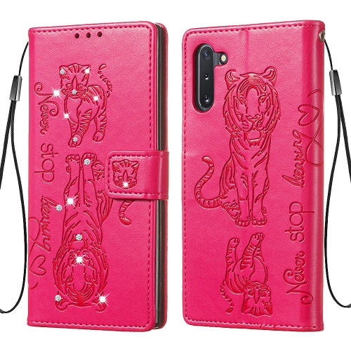 

For Galaxy Note10 Diamond Encrusted Pressed Printing Cat and Tiger Pattern Horizontal Flip PU Leather Case with Holder & Card Slots & Wallet(Rose Red)