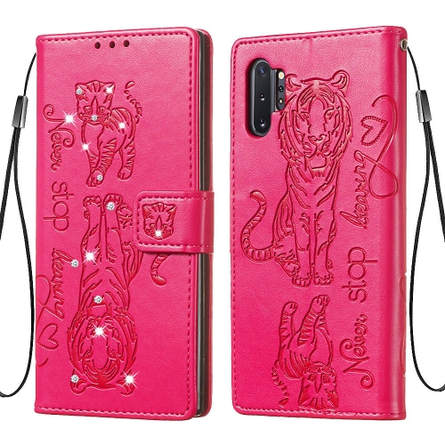 

For Galaxy Note10+ Diamond Encrusted Pressed Printing Cat and Tiger Pattern Horizontal Flip PU Leather Case with Holder & Card Slots & Wallet(Rose Red)