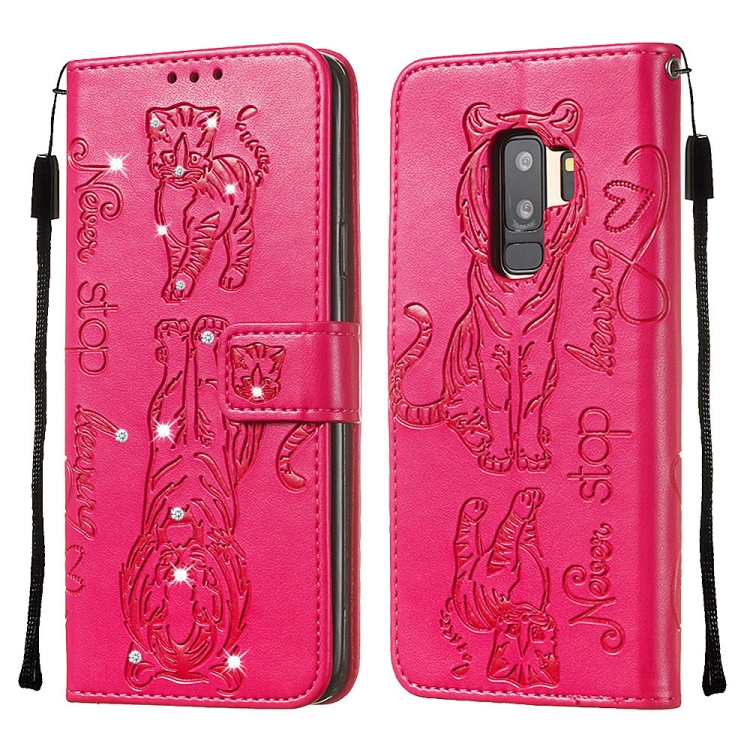 

For Galaxy S9+ Diamond Encrusted Pressed Printing Cat and Tiger Pattern Horizontal Flip PU Leather Case with Holder & Card Slots & Wallet(Rose Red)
