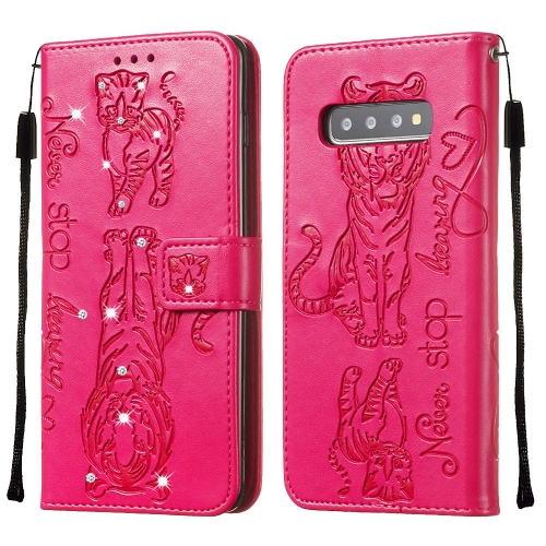 

For Galaxy S10 Diamond Encrusted Pressed Printing Cat and Tiger Pattern Horizontal Flip PU Leather Case with Holder & Card Slots & Wallet(Rose Red)