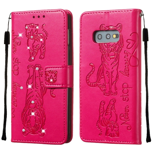 

For Galaxy S10e Diamond Encrusted Pressed Printing Cat and Tiger Pattern Horizontal Flip PU Leather Case with Holder & Card Slots & Wallet(Rose Red)