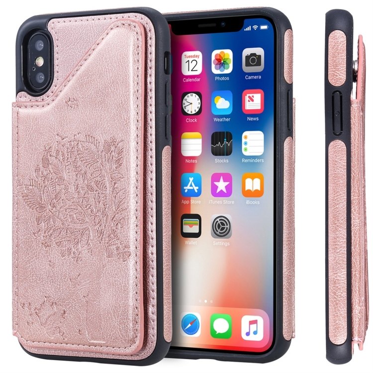 

For iPhone X Cat Tree Embossing Pattern Shockproof Protective Case with Card Slots & Photo Frame(Rose Gold)