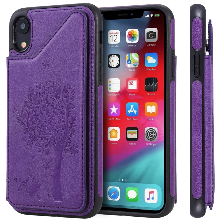 

For iPhone XR Cat Tree Embossing Pattern Shockproof Protective Case with Card Slots & Photo Frame(Purple)