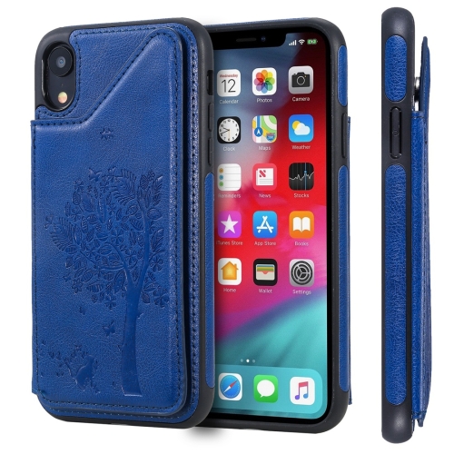 

For iPhone XR Cat Tree Embossing Pattern Shockproof Protective Case with Card Slots & Photo Frame(Blue)