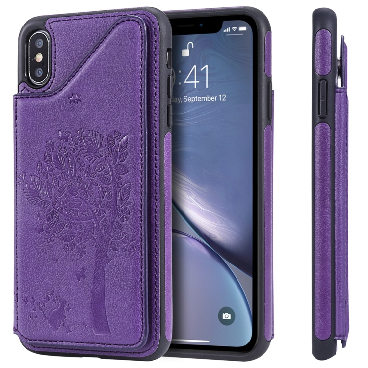 

For iPhone XS Max Cat Tree Embossing Pattern Shockproof Protective Case with Card Slots & Photo Frame(Purple)