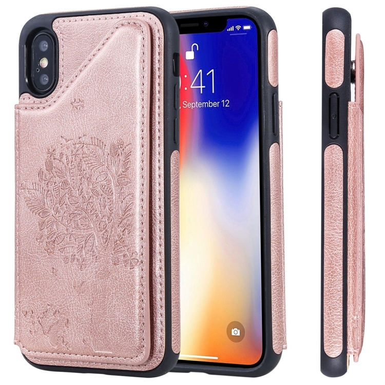 

For iPhone XS Cat Tree Embossing Pattern Shockproof Protective Case with Card Slots & Photo Frame(Rose Gold)