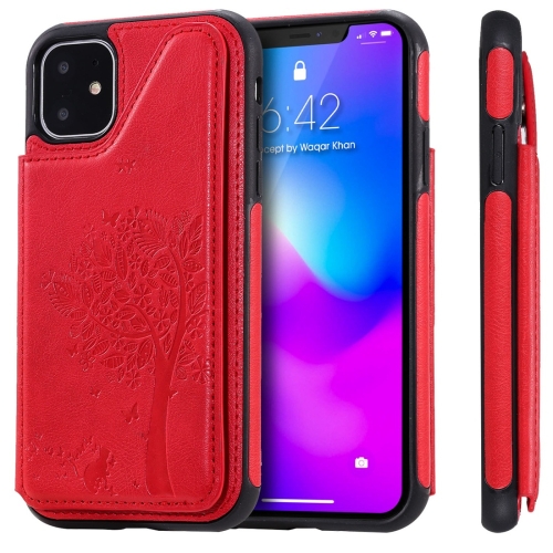 

For iPhone 11 Cat Tree Embossing Pattern Shockproof Protective Case with Card Slots & Photo Frame(Red)