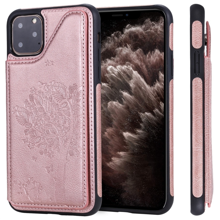 

For iPhone 11 Pro Max Cat Tree Embossing Pattern Shockproof Protective Case with Card Slots & Photo Frame(Rose Gold)
