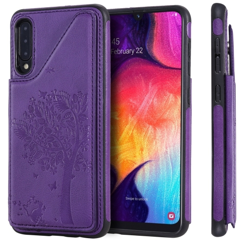 

For Galaxy A50 Cat Tree Embossing Pattern Shockproof Protective Case with Card Slots & Photo Frame(Purple)