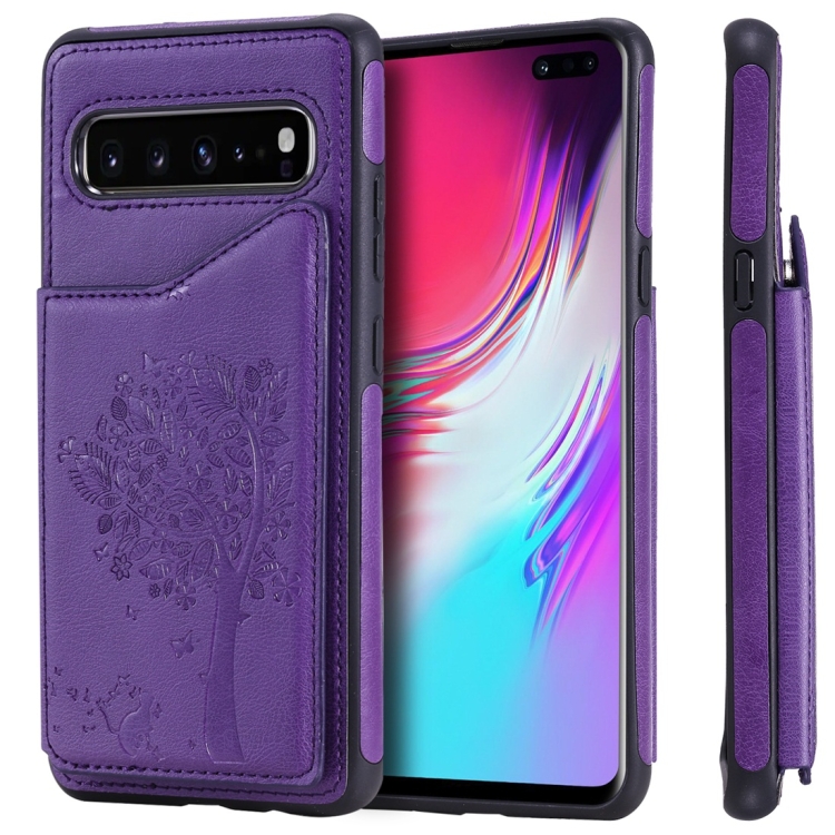 

For Galaxy S10 5G Cat Tree Embossing Pattern Shockproof Protective Case with Card Slots & Photo Frame(Purple)