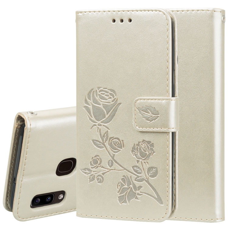 

For Galaxy A20e Pressed Printing Rose Pattern Horizontal Flip PU Leather Case with Holder & Card Slots & Wallet(Gold)