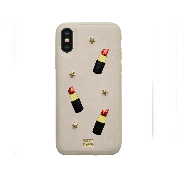 

For iPhone X/XS RAIGOR INVERSE LEDDY Series Female Sign Rivet PU Leather Protective Case(Lipstick)