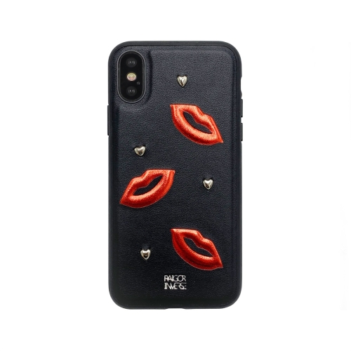 

For iPhone XR RAIGOR INVERSE LEDDY Series Female Sign Rivet PU Leather Protective Case(Red Lips)