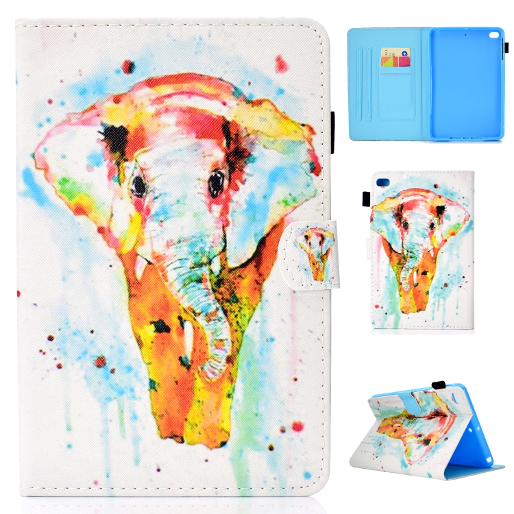 

For iPad Mini 1 / 2 / 3 / 4 / 5 Colored Drawing Stitching Horizontal Flip Leather Case, with Holder & Card Slots(Watercolor Elephant)