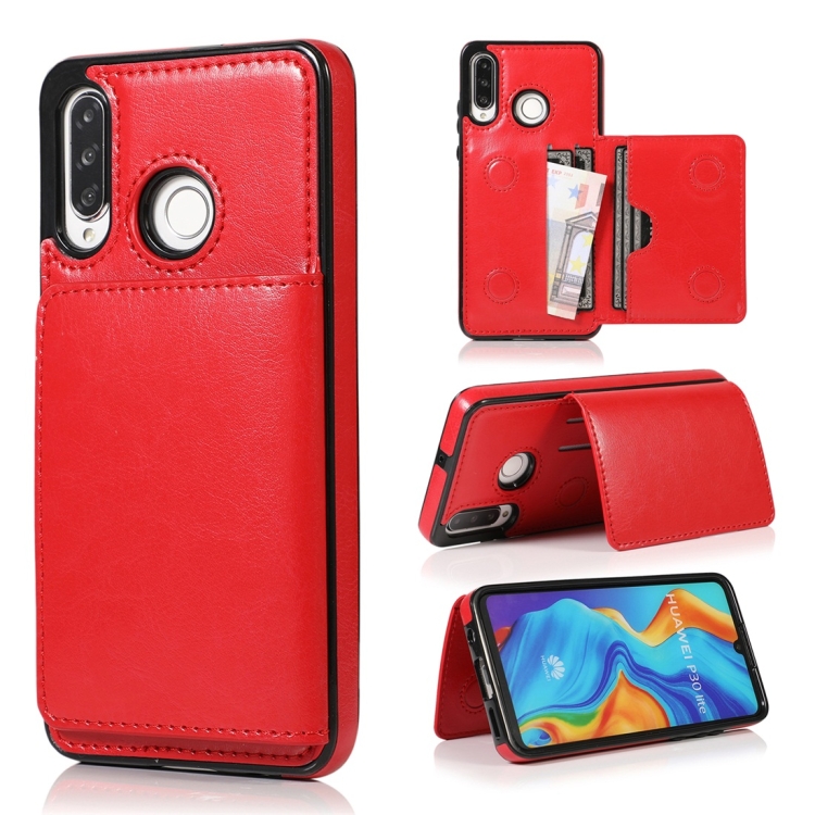 

For Huawei P30 Lite Shockproof PU + TPU Protective Case with Card Slots & Holder(Red)