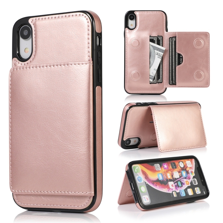 

For iPhone XR Shockproof PU + TPU Protective Case with Card Slots & Holder(Rose Gold)