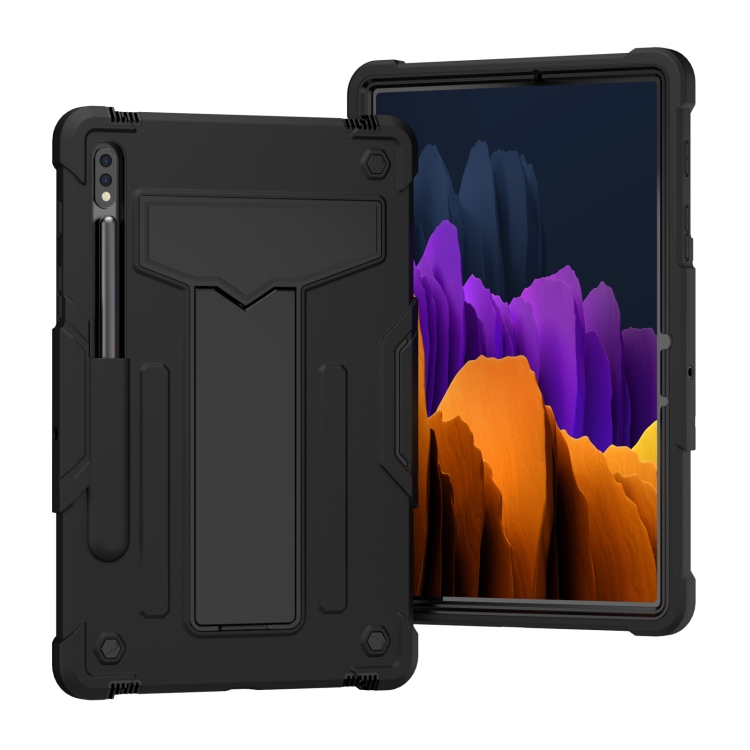 

For Samsung Galaxy Tab S7 T870 / T875 T-shaped Bracket Contrast Color Shockproof PC + Silicone Protective Case(Black+Black)