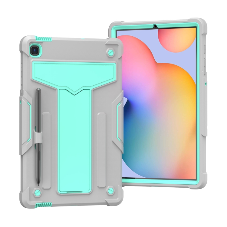 

For Samsung Galaxy Tab S6 Lite P610/615 T-shaped Bracket Contrast Color Shockproof PC + Silicone Protective Case(Grey+Mint Green)