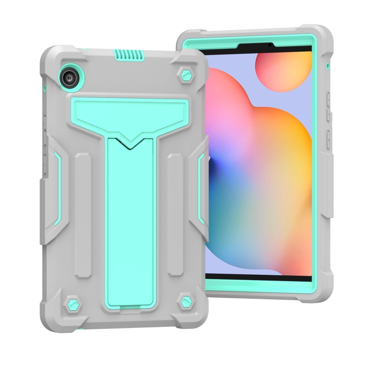 

For Huawei MatePad T8 T-shaped Bracket Contrast Color Shockproof PC + Silicone Protective Case(Grey+Mint Green)