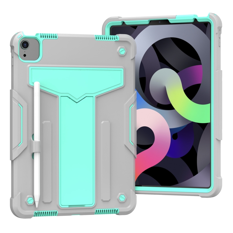 

For iPad Air (2020) 10.9 / iPad Pro 11 T-shaped Bracket Contrast Color Shockproof PC + Silicone Protective Case(Grey+Mint Green)