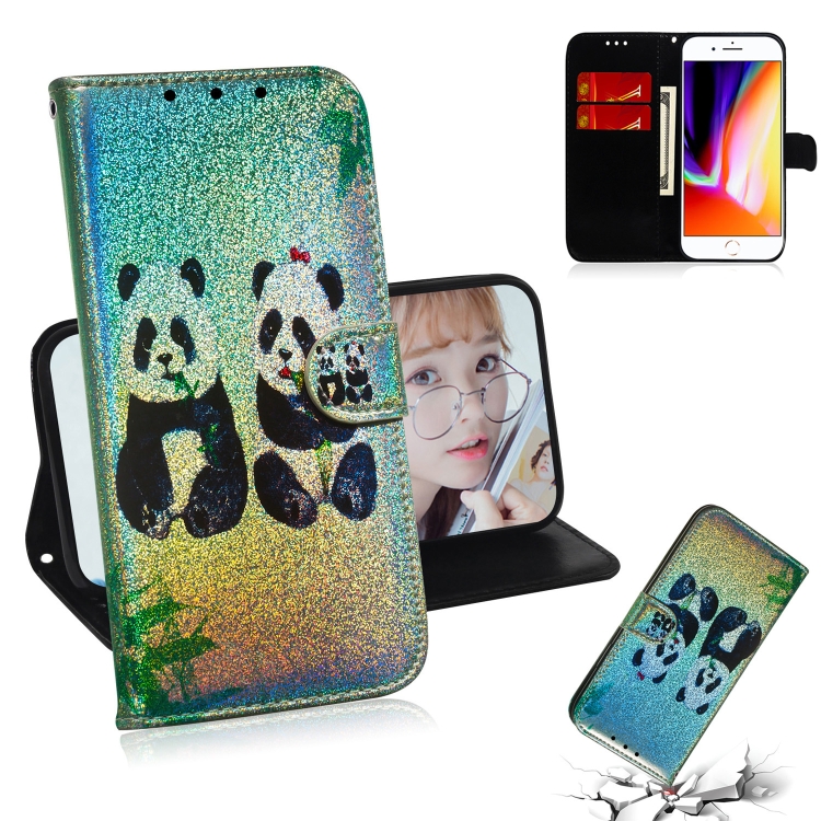 

For iPhone 7 Plus & 8 Plus Colored Drawing Pattern Colorful Magnetic Buckle Horizontal Flip PU Leather Case with Holder & Card Slots & Wallet & Lanyard(Two Pandas)
