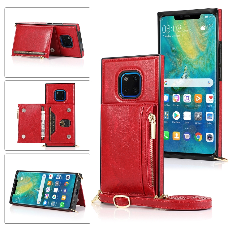

For Huawei Mate 20 Pro Square Zipper Wallet Bag TPU+PU Back Cover Case with Holder & Card Slots & Wallet & Cross-body Strap(Red)