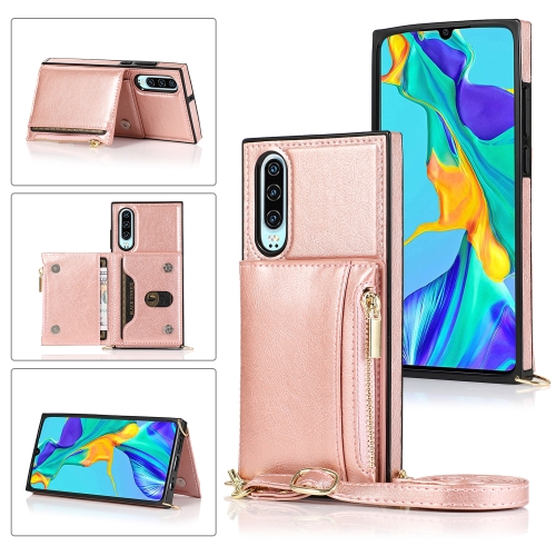 

For Huawei P30 Square Zipper Wallet Bag TPU+PU Back Cover Case with Holder & Card Slots & Wallet & Cross-body Strap(Rose Glod)