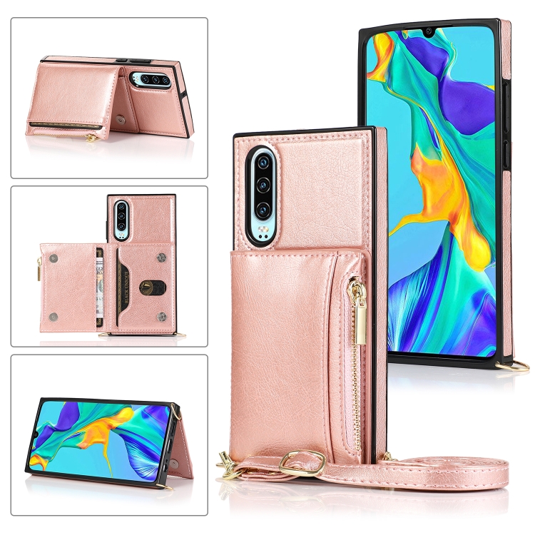 

For Huawei P30 Square Zipper Wallet Bag TPU+PU Back Cover Case with Holder & Card Slots & Wallet & Cross-body Strap(Rose Glod)