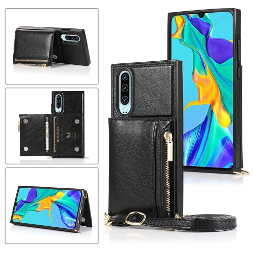 

For Huawei P30 Square Zipper Wallet Bag TPU+PU Back Cover Case with Holder & Card Slots & Wallet & Cross-body Strap(Black)