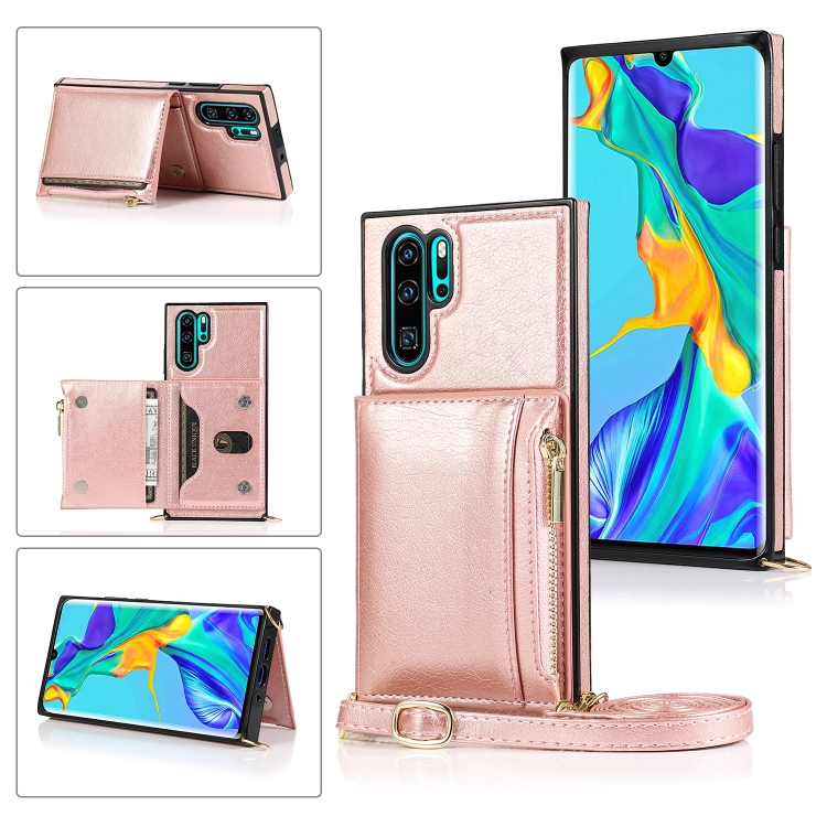 

For Huawei P30 Pro Square Zipper Wallet Bag TPU+PU Back Cover Case with Holder & Card Slots & Wallet & Cross-body Strap(Rose Glod)