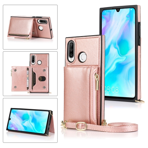 

For Huawei P30 Lite Square Zipper Wallet Bag TPU+PU Back Cover Case with Holder & Card Slots & Wallet & Cross-body Strap(Rose Glod)