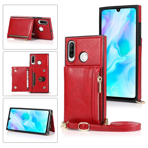 

For Huawei P30 Lite Square Zipper Wallet Bag TPU+PU Back Cover Case with Holder & Card Slots & Wallet & Cross-body Strap(Red)