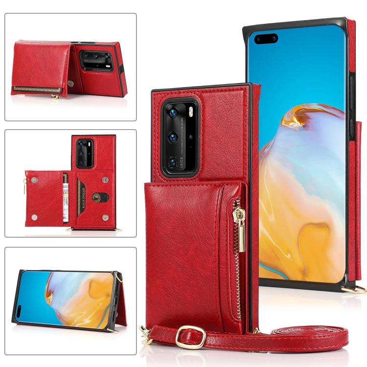 

For Huawei P40 Square Zipper Wallet Bag TPU+PU Back Cover Case with Holder & Card Slots & Wallet & Cross-body Strap(Red)