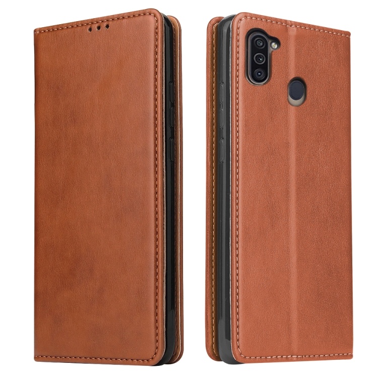 

For Samsung Galaxy M11 Fierre Shann PU Genuine Leather Texture Horizontal Flip Leather Case with Holder & Card Slots & Wallet(Brown)