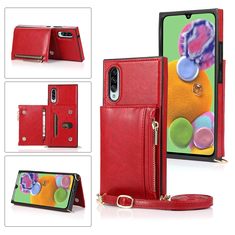 

For Samsung Galaxy A90 5G Square Zipper Wallet Bag TPU+PU Back Cover Case with Holder & Card Slots & Wallet & Cross-body Strap(Red)